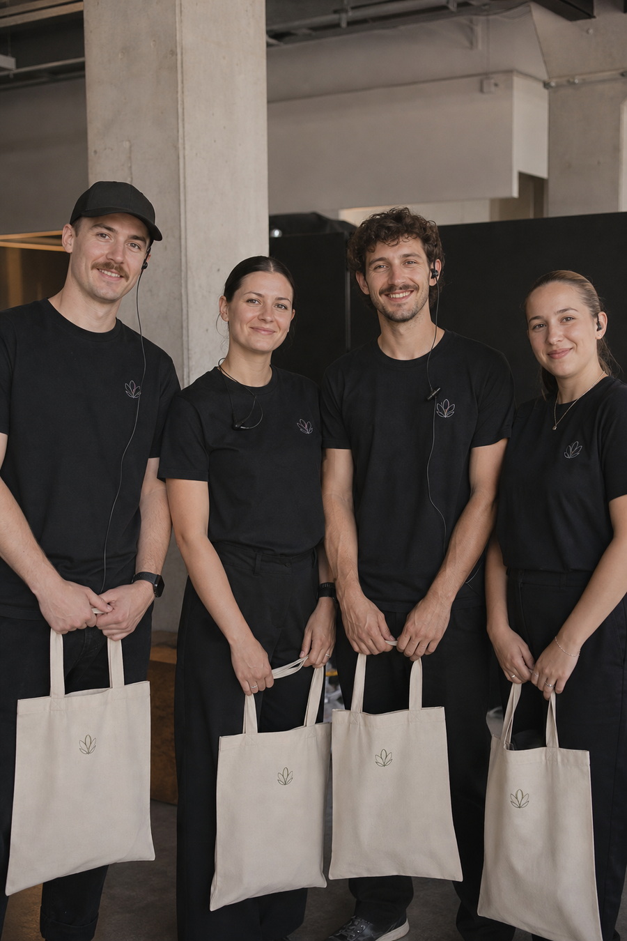 A team in matching custom branded swag