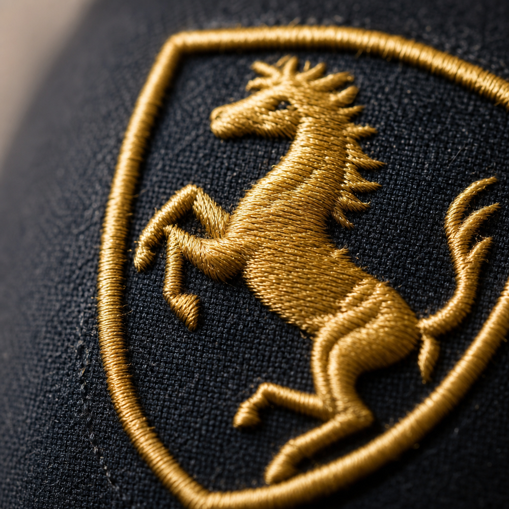 Close-up of an embroidered logo on a branded swag