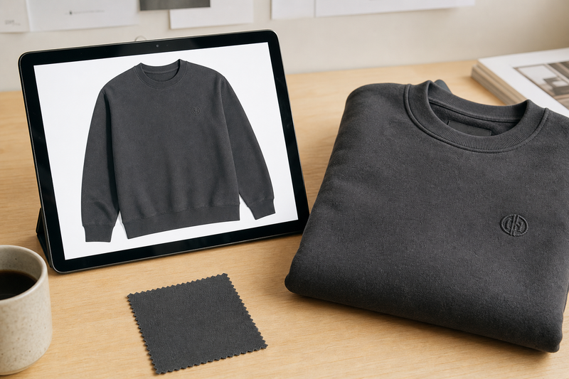 A free digital proof of a custom sweatshirt logo on a tablet
