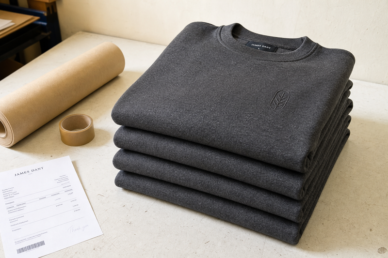 Finished custom embroidered sweatshirts folded and ready to ship