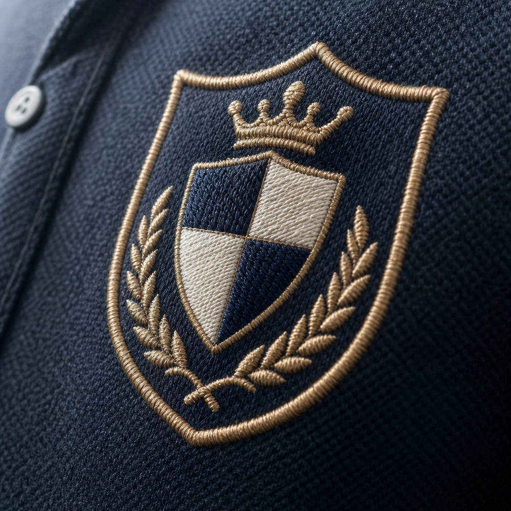 Close-up of an embroidered logo on a branded uniform