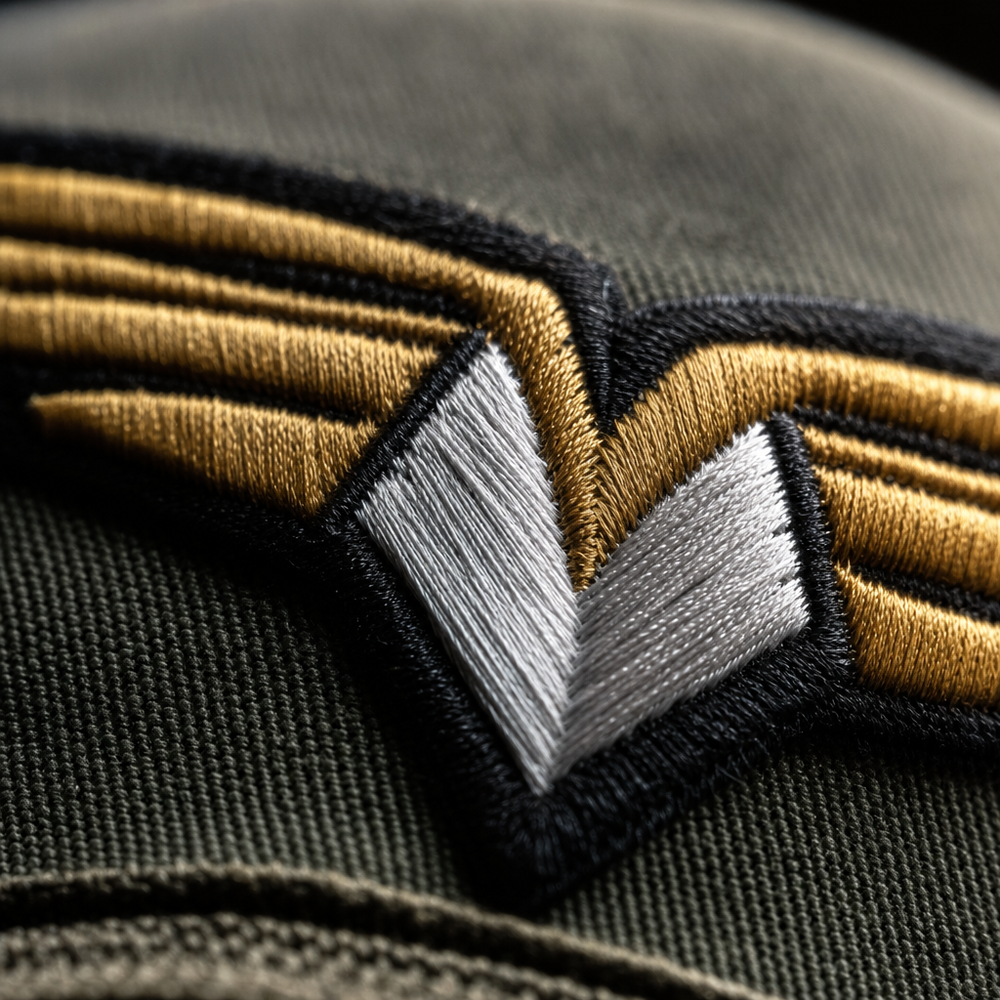 Close-up of an embroidered logo on a visor