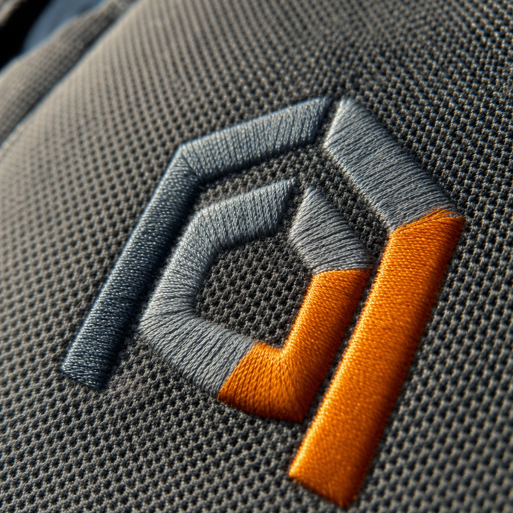 Close-up of an embroidered logo on a work uniform